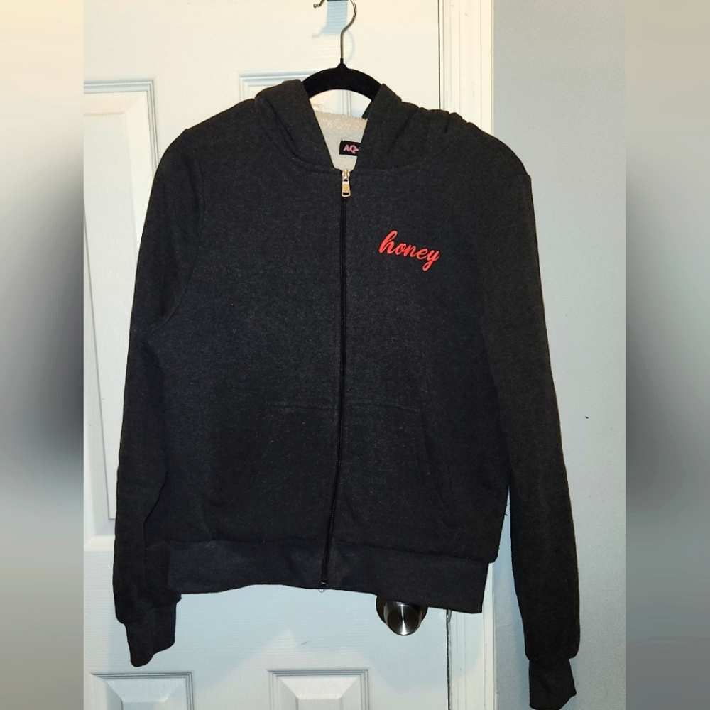 AQ Sport zip up hooded sweatshirt with graphic writing